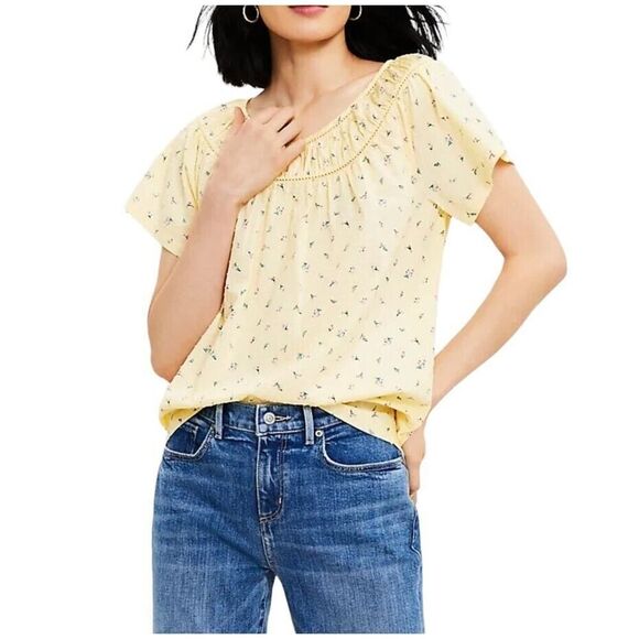 LOFT Garden Floral Yellow Mixed Media Short Sleeve Blouse XS - Picture 1 of 6